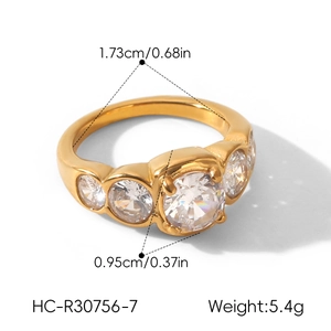 Detailed view of a gold stainless steel five-stone zircon ring showing dimensions and weight