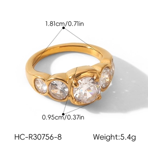 Gold stainless steel ring with zircons, 1.81cm inner diameter and 5.4g weight measurements