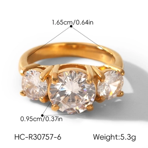 Detail view of gold-plated stainless steel zircon ring with weight and dimensions