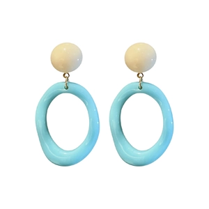 Stylish summer dopamine resin oval drop earrings in light blue and cream white color