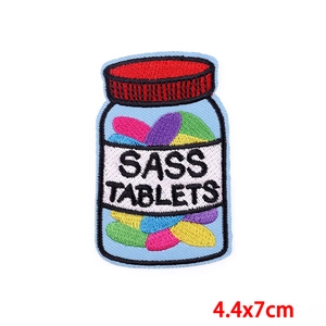 Creative SASS TABLETS medicine jar embroidery patch with colorful pills, size 4.4x7cm