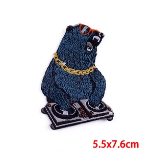 Cool DJ Bear animal embroidery patch with blue texture and red sunglasses 5.5x7.6cm
