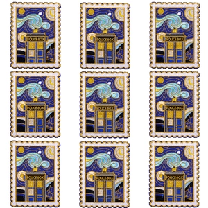 Set of 9 Van Gogh Starry Night style police box embroidery patches with postage stamp edges