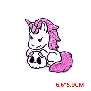 Cartoon pink unicorn with skull embroidery patch DIY iron-on applique 6.6x5.9cm