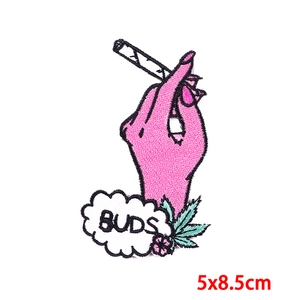 Punk pistol embroidered patch with pink hand holding a bud and floral details, 5x8.5cm size