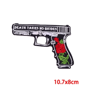 Punk pistol embroidery patch with red rose and Death Takes No Bribes text 10.7x8cm