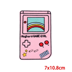 Detail of pink game console embroidery patch with rainbow screen and 7x10.8cm size