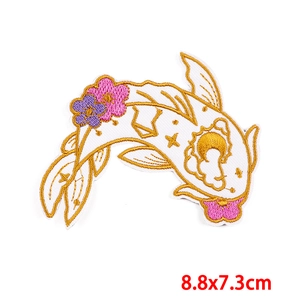 Japanese style koi fish and cherry blossom embroidered patch with moon and stars, 8.8x7.3cm