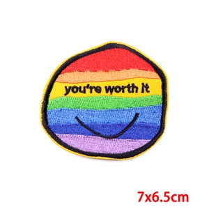 Rainbow circle embroidered patch with you're worth it text and smile face, 7x6.5cm