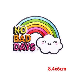Rainbow and smiling cloud embroidery patch with NO BAD DAYS text, 8.4x6cm size