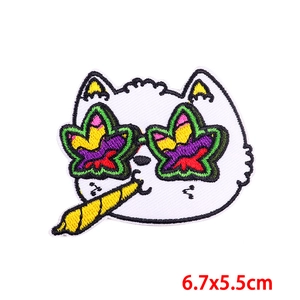 Cartoon white cat embroidery patch with star glasses and rainbow leaf, size 6.7x5.5cm
