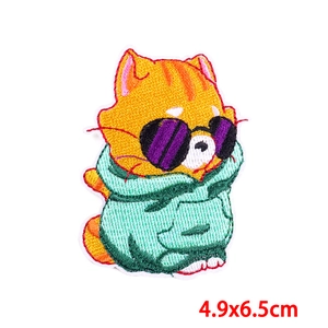 Embroidered orange cat patch with purple sunglasses and green hoodie, 4.9x6.5cm size