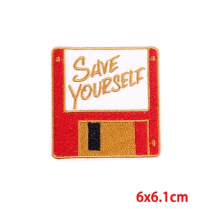 Detail of red floppy disk embroidery patch with Save Yourself text, 6x6.1cm size