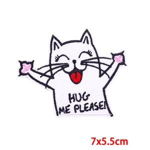 Cartoon white cat embroidery patch featuring Hug Me Please text for clothing 7x5.5cm