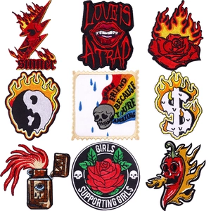 Punk Skull Rose Flame Embroidery Patch Gothic Iron On Patches For Clothing DIY Sew On Applique Jacket Bag Accessory