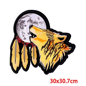 Large 30x30.7cm wolf and full moon embroidery patch with feathers for denim jackets