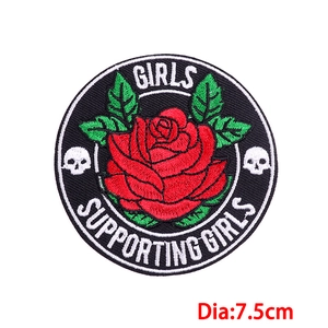 Round 7.5cm Girls Supporting Girls embroidery patch with red rose and skull design