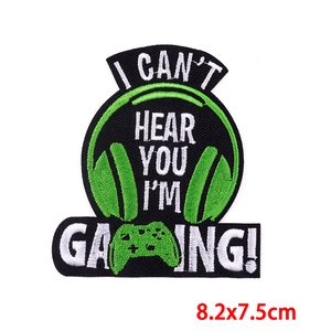 Detail view of gaming headset embroidery patch with I CAN'T HEAR YOU text in 8.2x7.5cm
