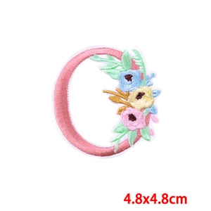 Pink embroidered letter C patch with floral accents, size 4.8x4.8cm, iron-on DIY craft