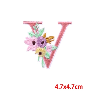 Floral letter V embroidery patch with pink and yellow flowers for DIY sewing 4.7x4.7cm