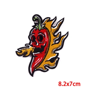 Flame red chili skull embroidered patch DIY clothing accessory size 8.2x7cm