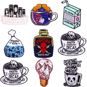 Punk Style Embroidery Patches For Jackets Hats Bags Skull Coffee Cup Book Poison Bottle Creative DIY Iron On Cloth Stickers