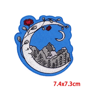 Detail view of colorful moon and mountain embroidery patch with 7.4x7.3cm dimensions