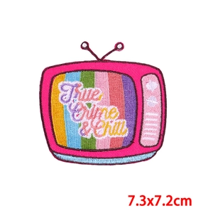 Detailed embroidery of Retro TV patch with True Crime & Chill text, 7.3x7.2cm size