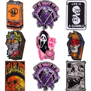Punk Skull Embroidered Patches Gothic Horror Grim Reaper Coffin DIY Clothing Iron On Applique For Jackets Jeans Decor