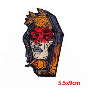 Punk skeleton lady embroidery patch with floral headpiece and coffin border for clothes