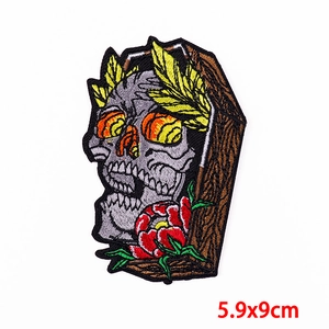Gothic punk skull coffin embroidery patch with red flowers for denim jackets 5.9x9cm