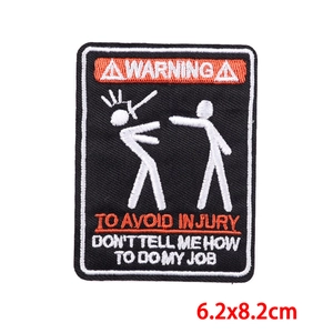 Warning embroidered patch for jackets featuring a punk skull style stickman design