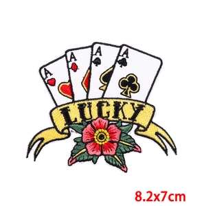 Detailed embroidery patch with Aces playing cards, Lucky ribbon, and a red flower 8.2x7cm