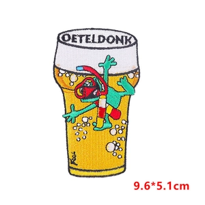 Cartoon frog diving in beer mug embroidery patch for Oeteldonk Carnival, size 9.6x5.1cm