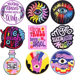 Cartoon Colorful Alphabet Round Embroidery Patches For Clothing DIY Jean Jacket Iron On Patches Sun Eye Potion Applique