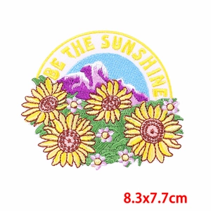 Embroidered Be The Sunshine patch with sunflowers and mountains, 8.3x7.7cm size