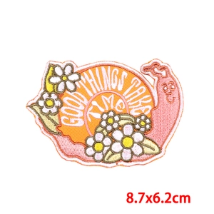 Embroidered snail patch with Good Things Take Time text and daisy flowers for DIY clothes