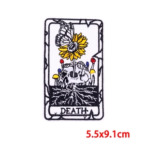 Death Tarot card embroidered patch with skull and sunflower design for DIY punk jackets