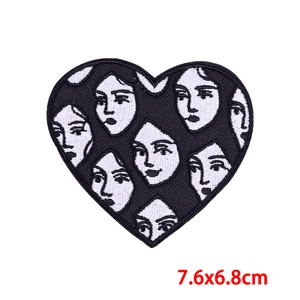 Pop art style heart shaped embroidery patch with female faces, size 7.6x6.8cm