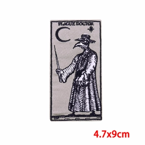 Detailed close-up of Plague Doctor tarot card embroidery patch with 4.7x9cm dimensions