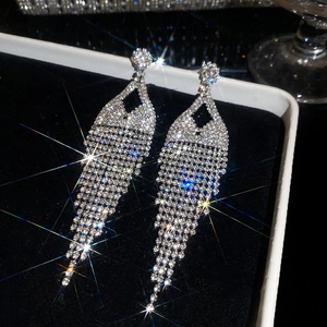 Silver needle long tassel earrings with sparkling rhinestones in rhombus design