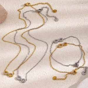 Infinity 18K gold plated stainless steel necklace and bracelet set with pavé stones