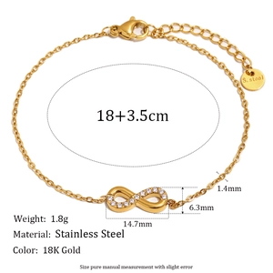 Technical specifications and dimensions of 18K gold plated stainless steel infinity bracelet