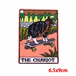 Cartoon cat tarot card chariot embroidery patch on white background, 6.5x9cm size