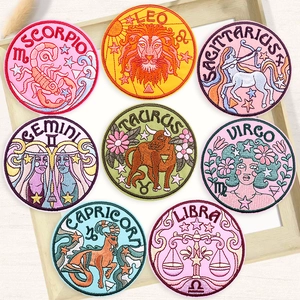Zodiac Signs Embroidery Patches Circular Cartoon Iron On Sew On Applique DIY Decorative Badge For Clothes Jacket Bag Hat Accessories