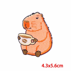 Cute capybara holding coffee cup embroidery patch for DIY clothing decor 4.3x5.6cm