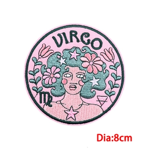Detailed embroidery of 8cm Virgo zodiac patch with floral maiden and stars