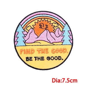 Round sun and mountain embroidery patch with Find The Good slogan for DIY clothing decor