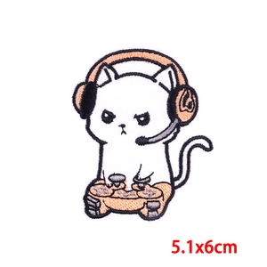 Cartoon gaming cat embroidered patch with headset and controller, 5.1x6cm size