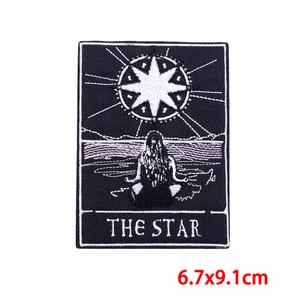 Detailed embroidery of The Star tarot card patch in black and white, size 6.7x9.1cm